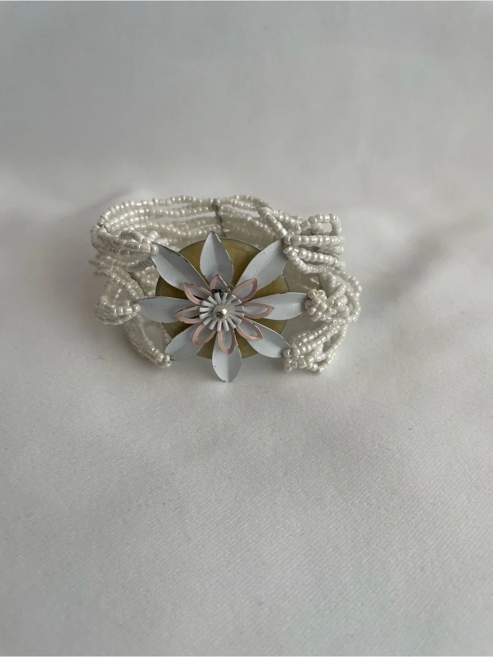 5 Chunky Bracelet Lot Boho Hippie Silvertones Pink White Flower